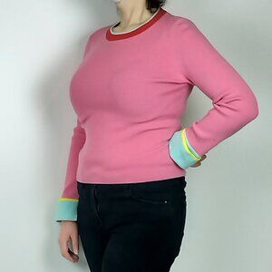 alice + olivia Designer‎ Wool Ribbed Knit Top Pink Colourblock Trim